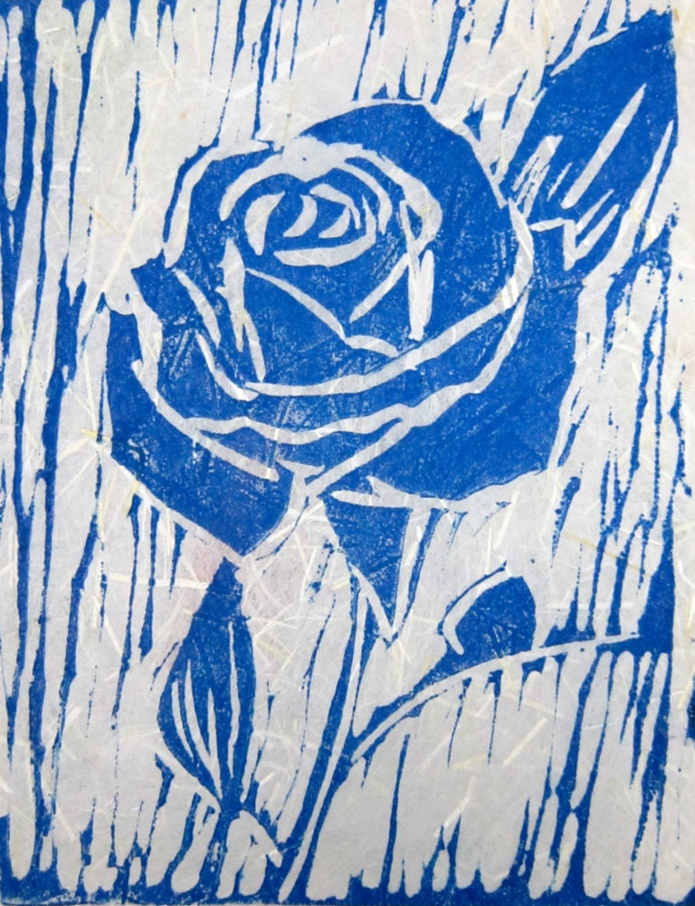 Blue Rose linoleum relief print, in Printmaking