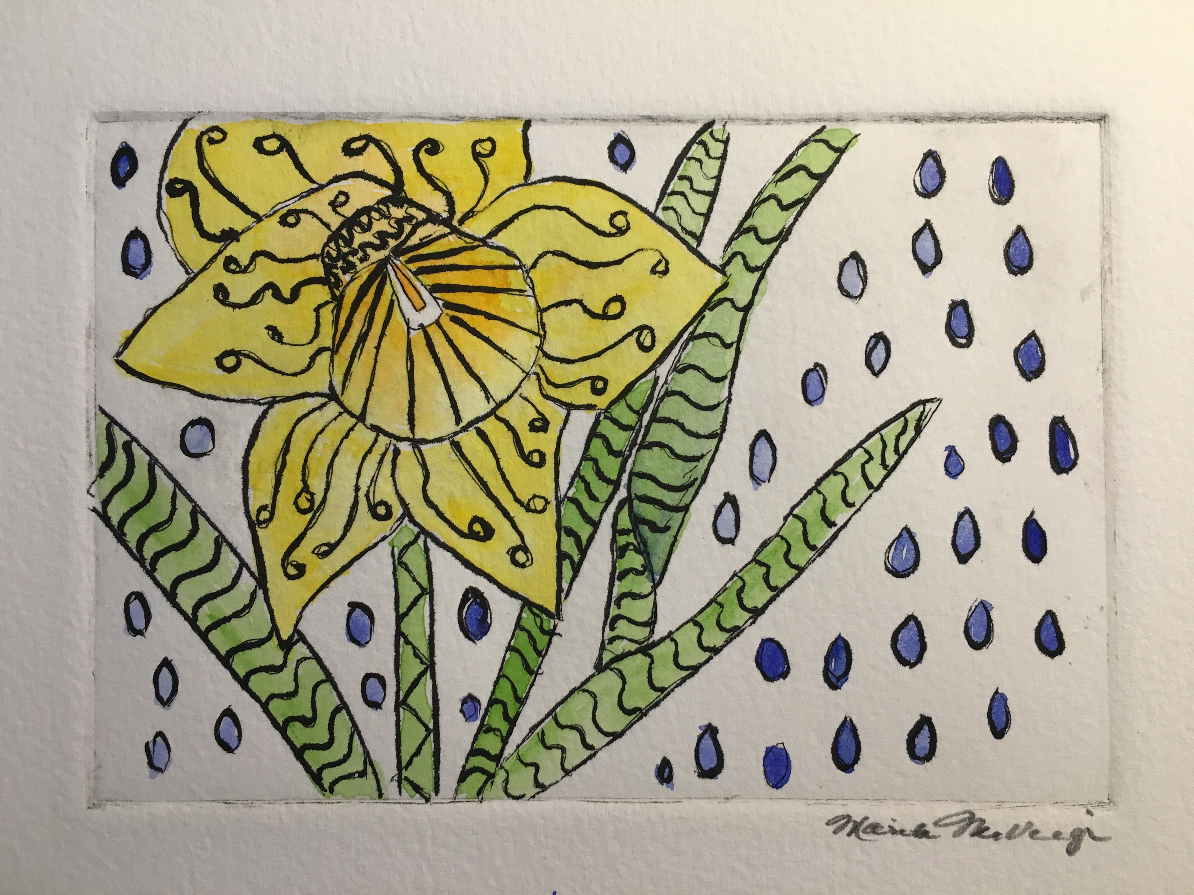 Rainy Day Hand Colored Etching