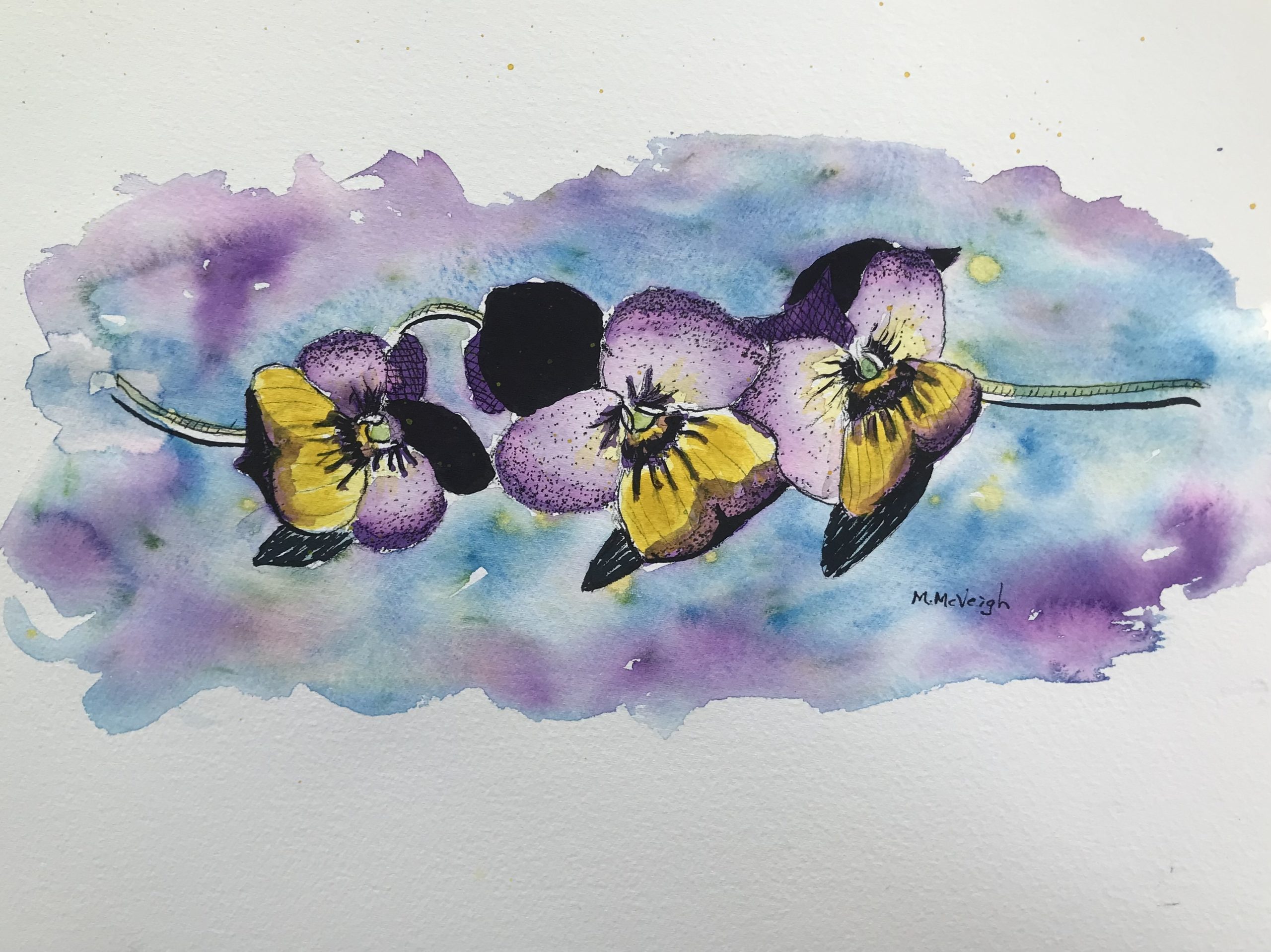 Floating Pansies Watercolor And Ink