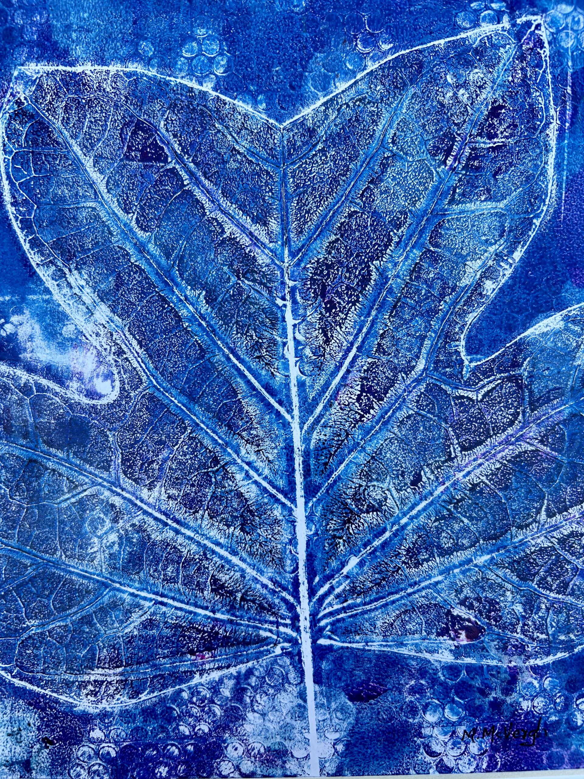 Blue and white Leaf Botanical Hand Pulled Print