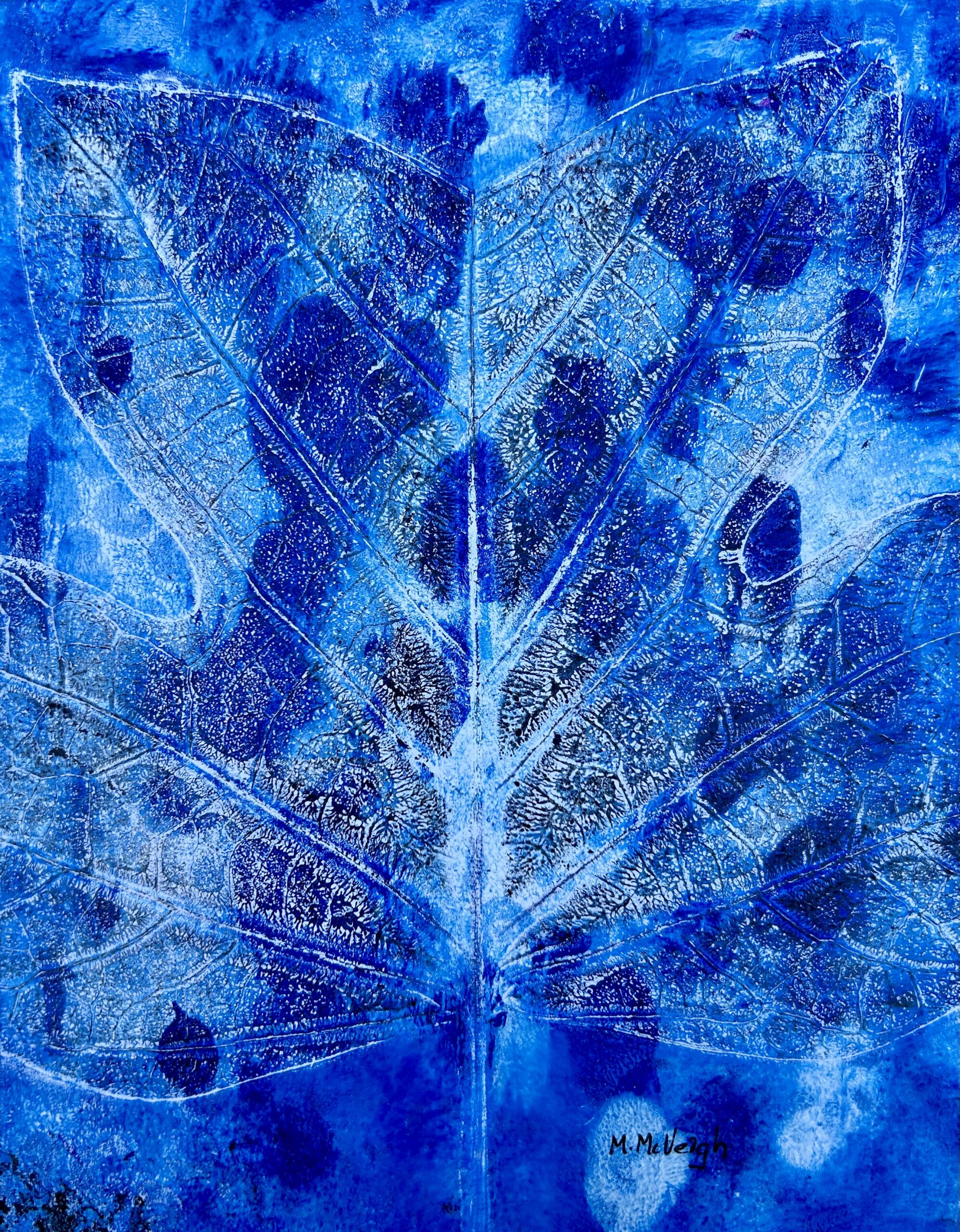 Blue Textured Leaf Botanical Hand Pulled Print