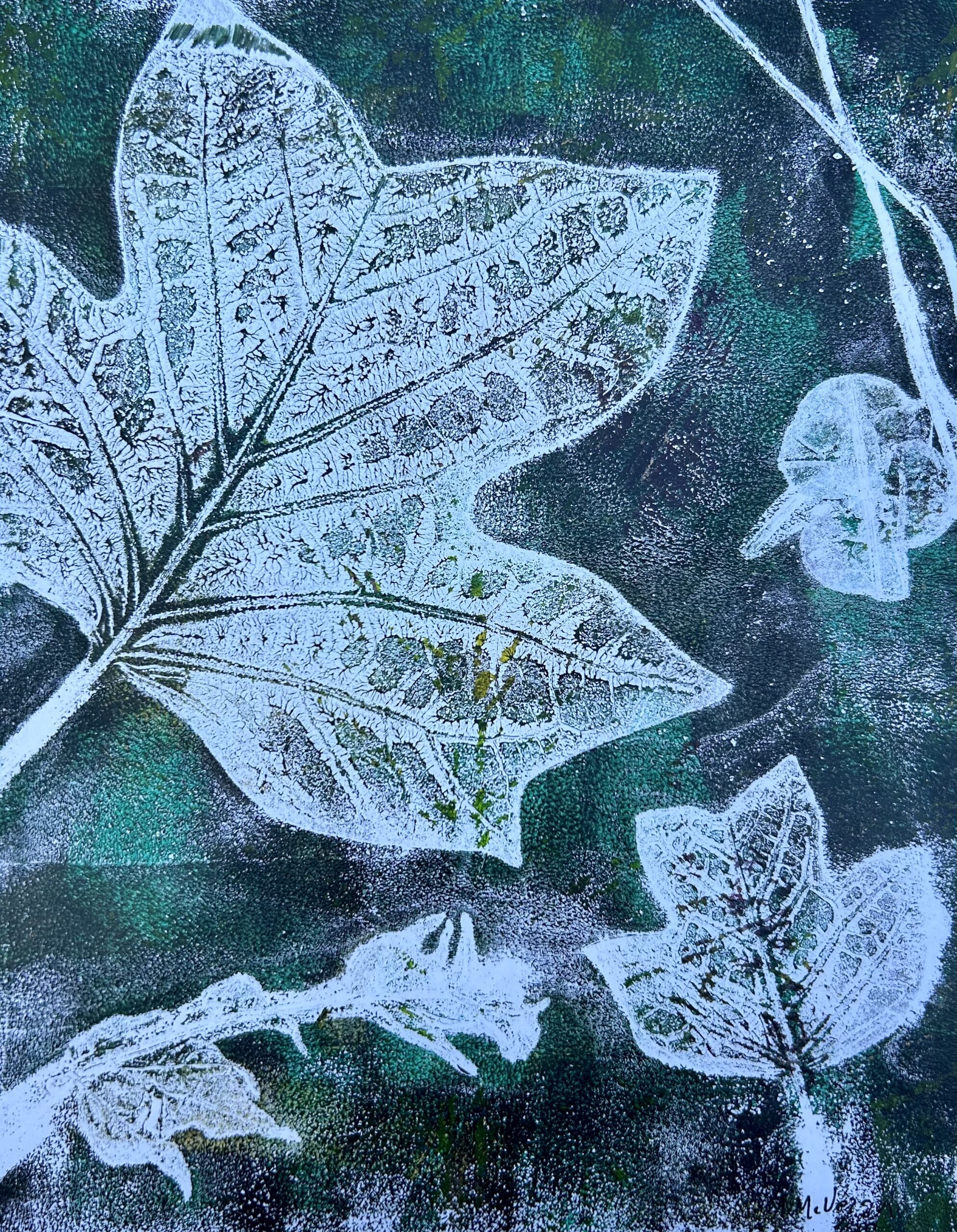 Green and White Botanical Hand pulled Leaf print
